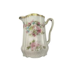 Vintage Porcelain Creamer – Floral Rose Design, Gold Trim, Embossed‎ Pitcher